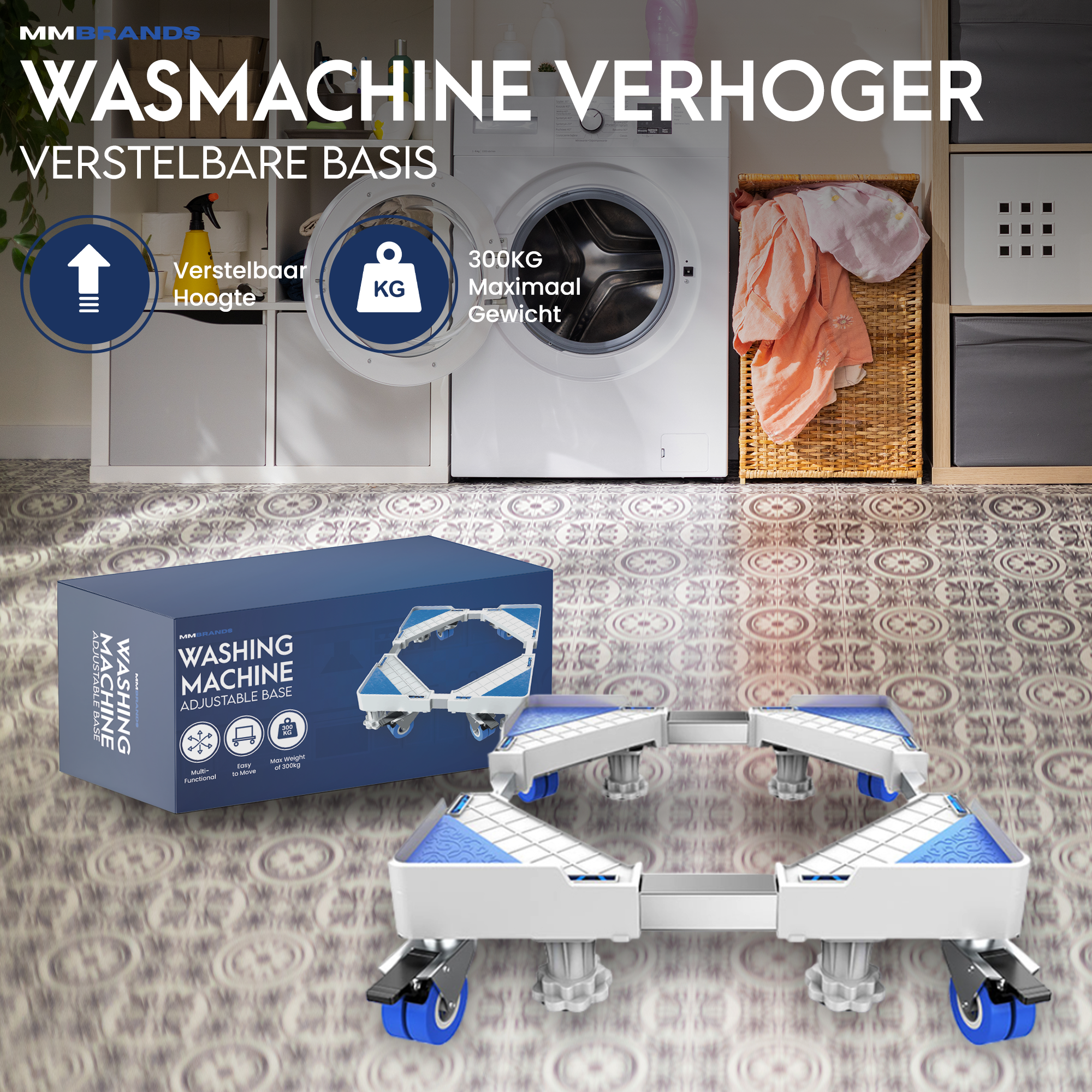 Wasmachine Verhoger op Wieltjes - Blauwe Pads